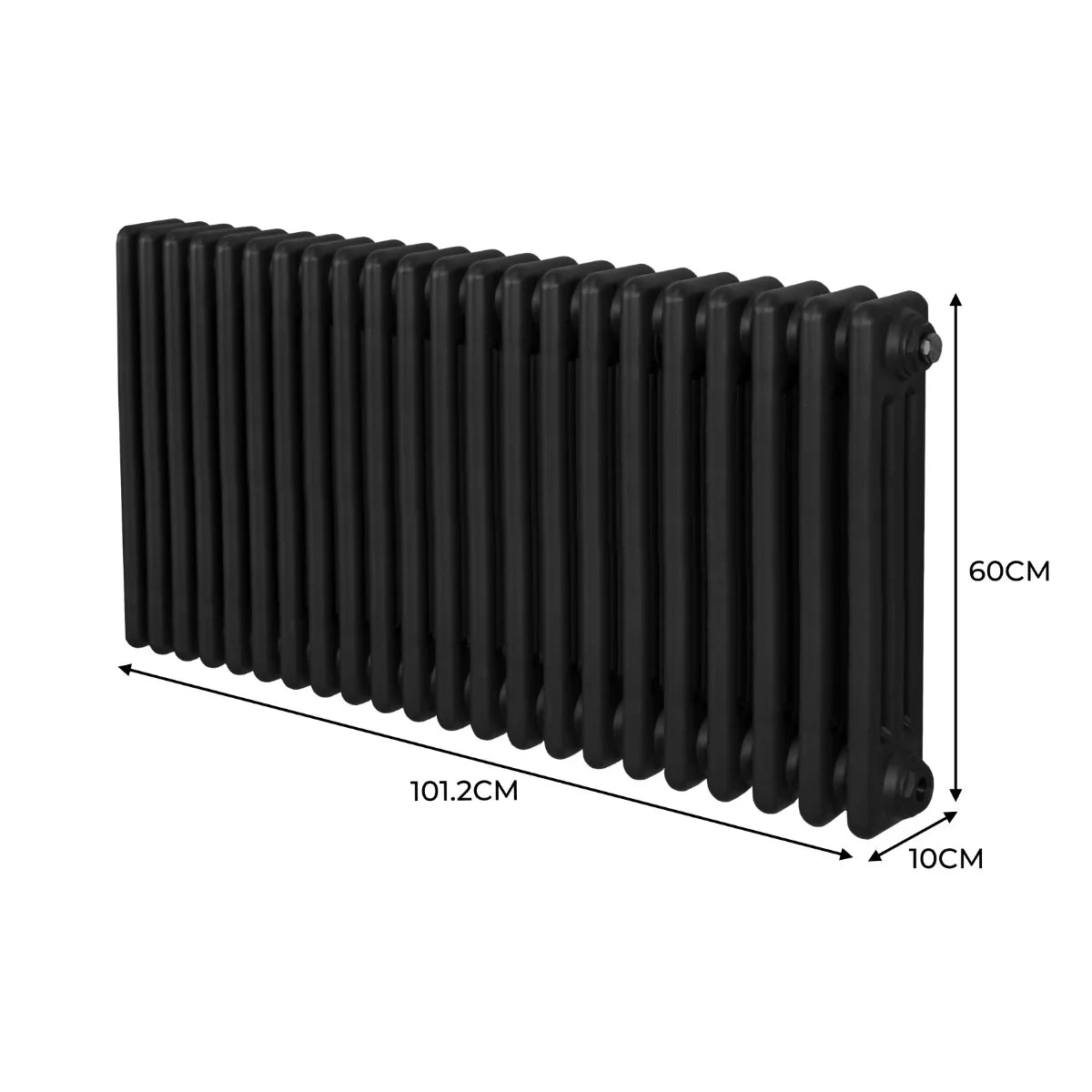 Traditional black 3 column radiator, 600mm high and 1012mm wide, featuring a sleek, smooth finish and classic design