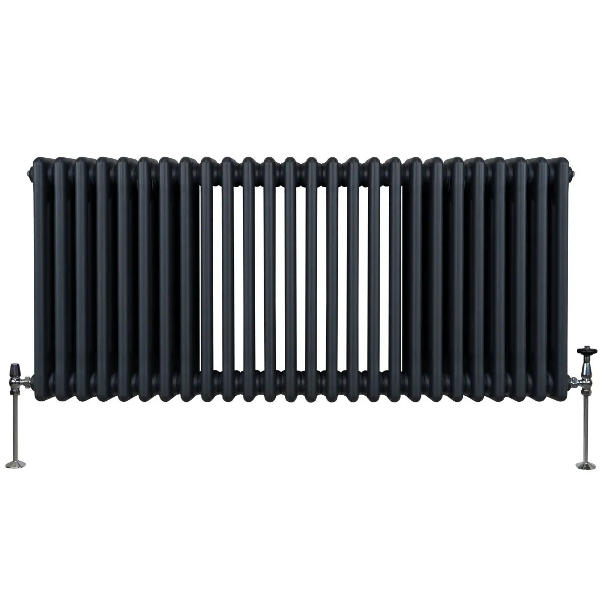 Traditional 3 column radiator in anthracite grey, featuring a sleek, ribbed design and sturdy metal legs for stability
