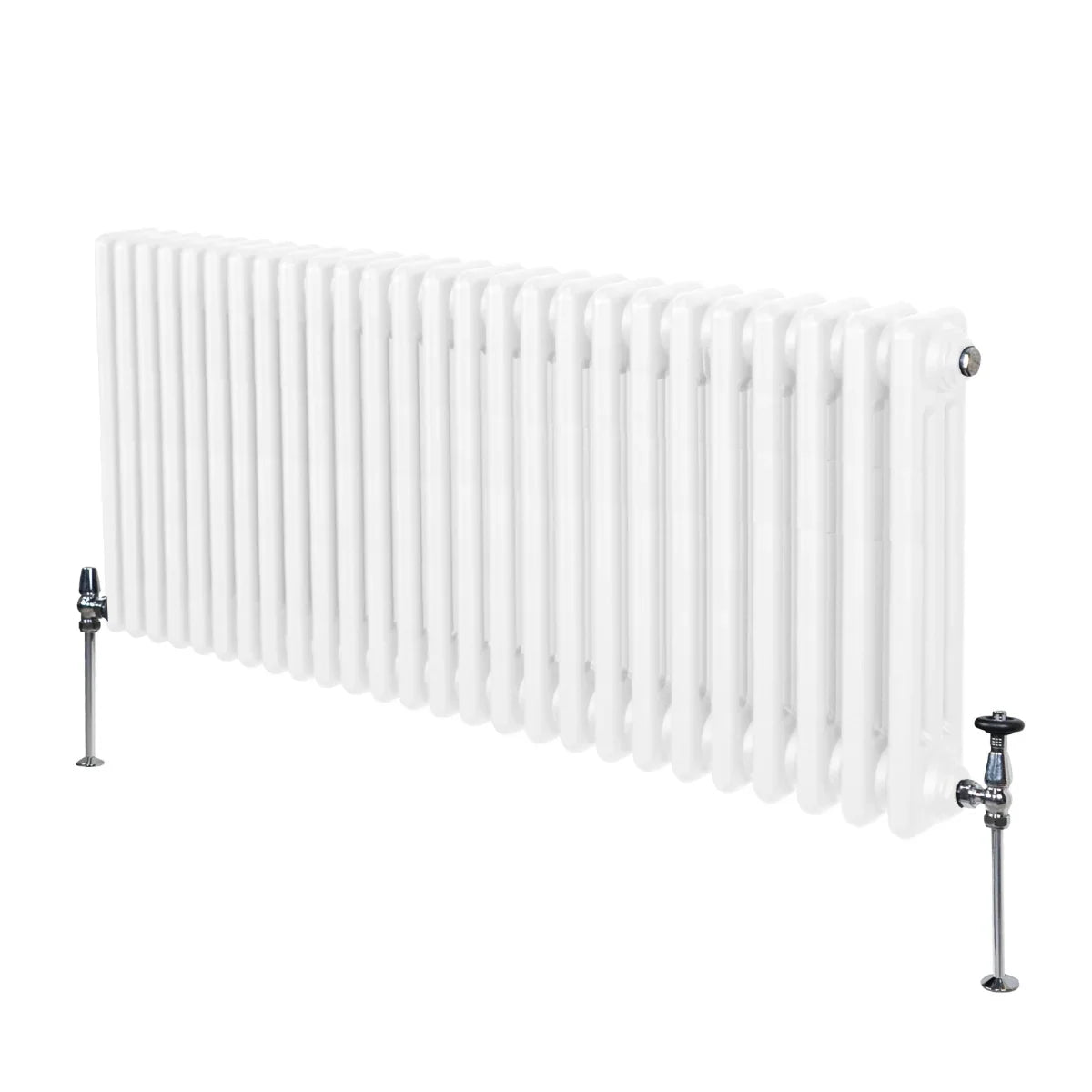 Traditional white 3 column radiator, 600 x 1192mm, featuring a smooth, glossy finish and sturdy metal construction with visible valves