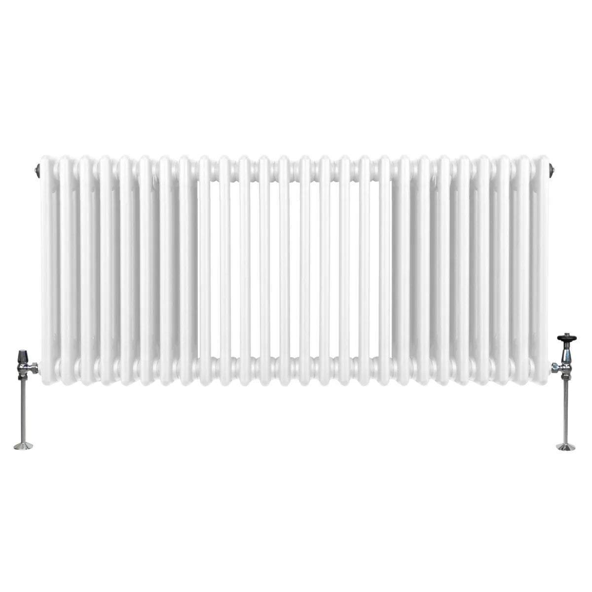 Traditional 3 column radiator in white, 600 x 1192mm, featuring a sleek design with smooth, rounded edges and sturdy side valves