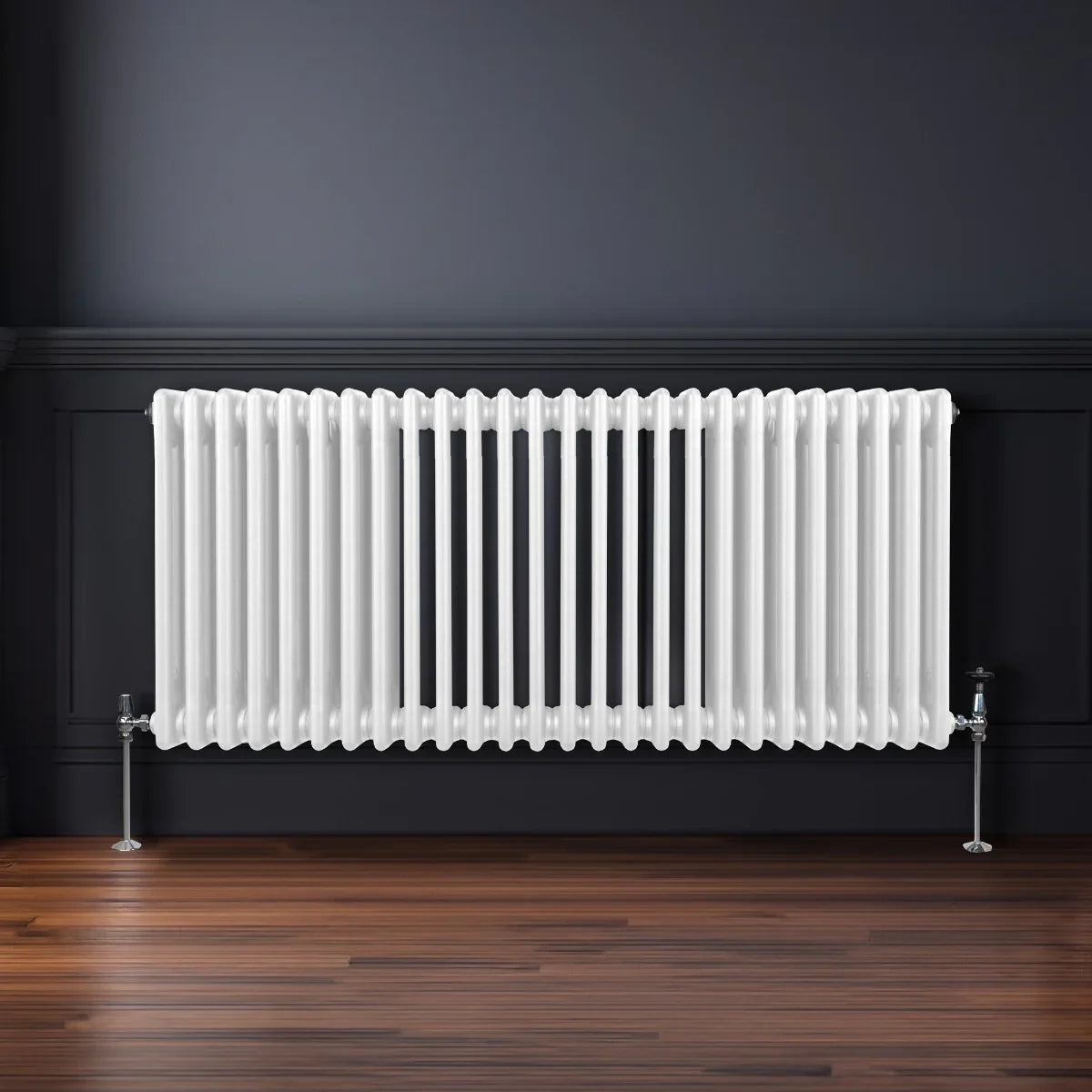 Traditional white 3 column radiator, 600 x 1192mm, featuring a sleek design with smooth, glossy finish against a dark wall
