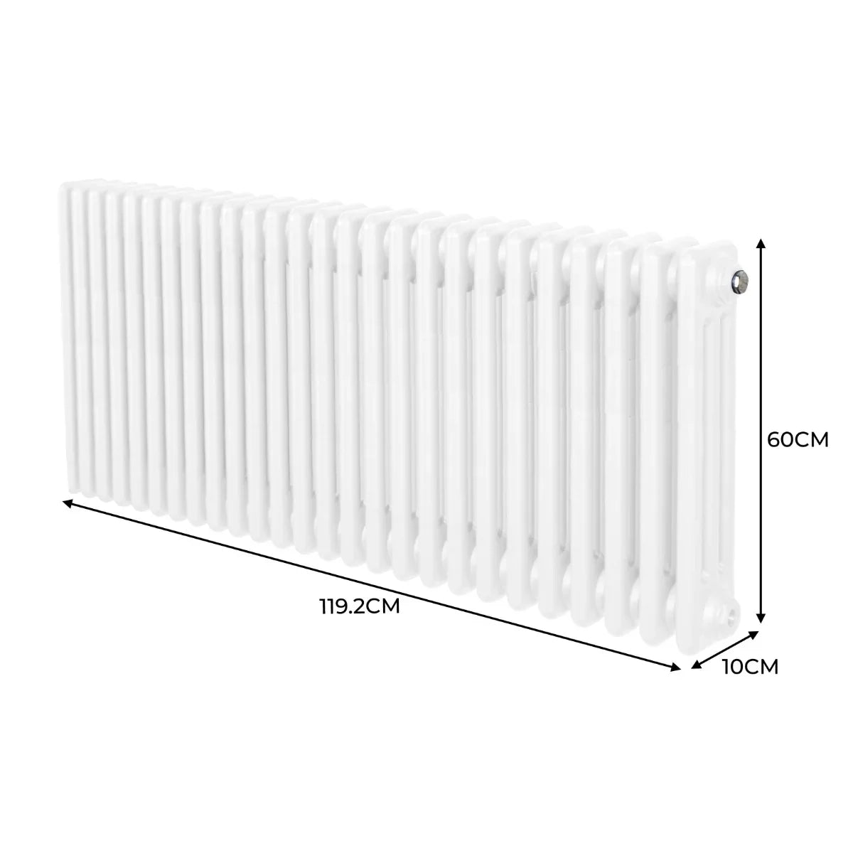Traditional 3 column radiator in white, measuring 600mm high and 1192mm wide, featuring a smooth, glossy finish and rounded edges