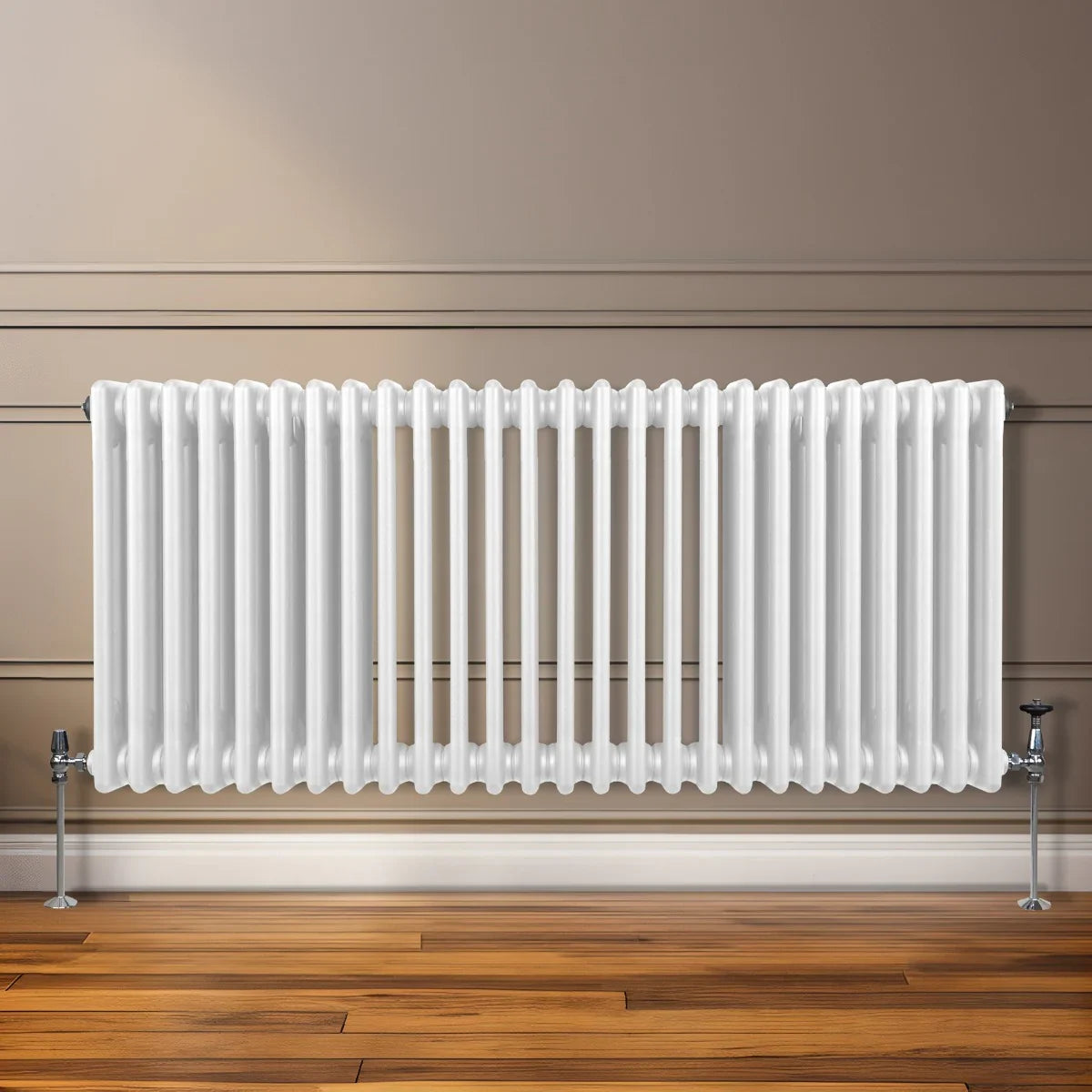Traditional 3 column radiator in white, 600 x 1192mm, featuring a sleek, smooth finish and a classic design against a neutral wall