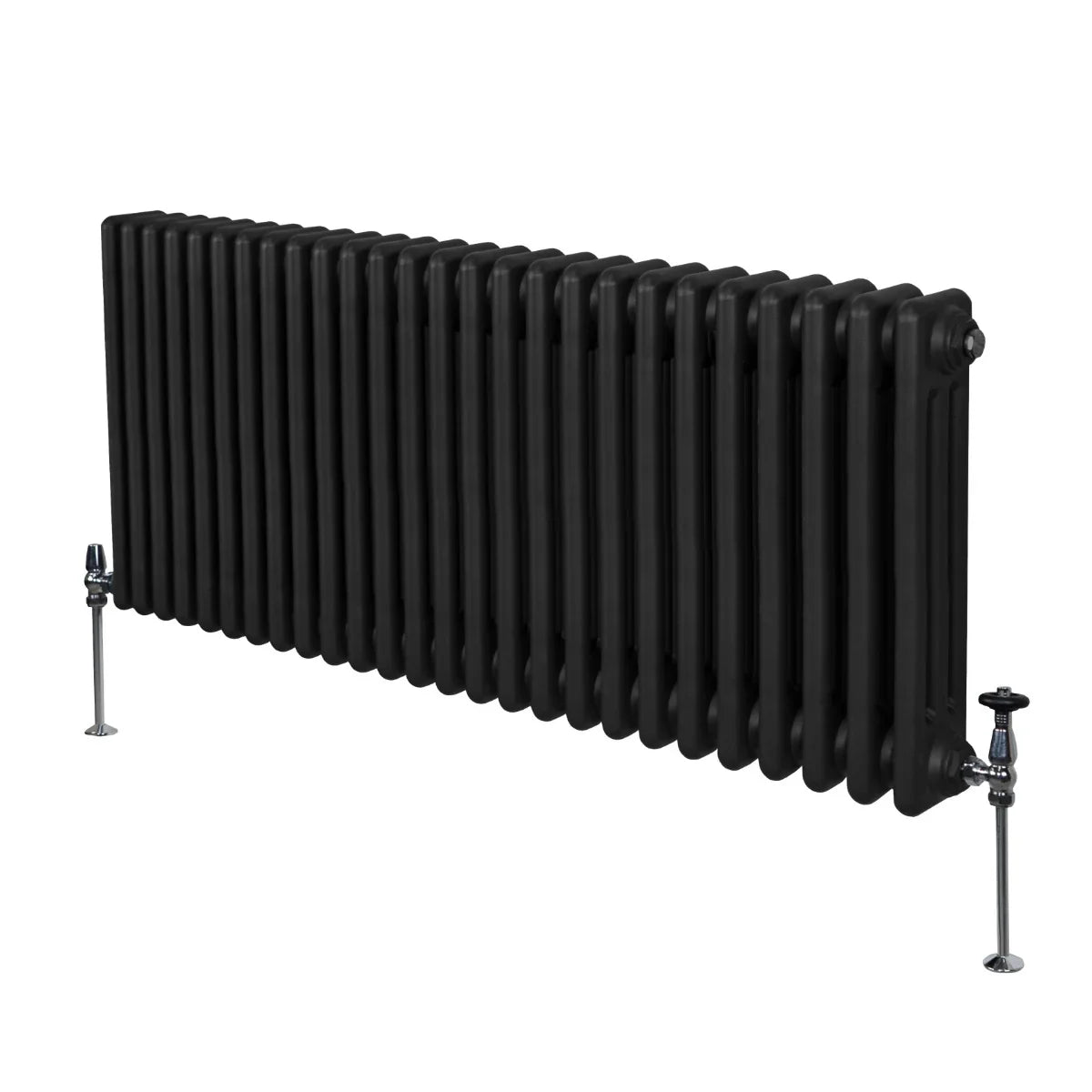 Traditional black 3 column radiator, 600 x 1192mm, featuring a sleek, smooth finish and sturdy metal construction with adjustable valves