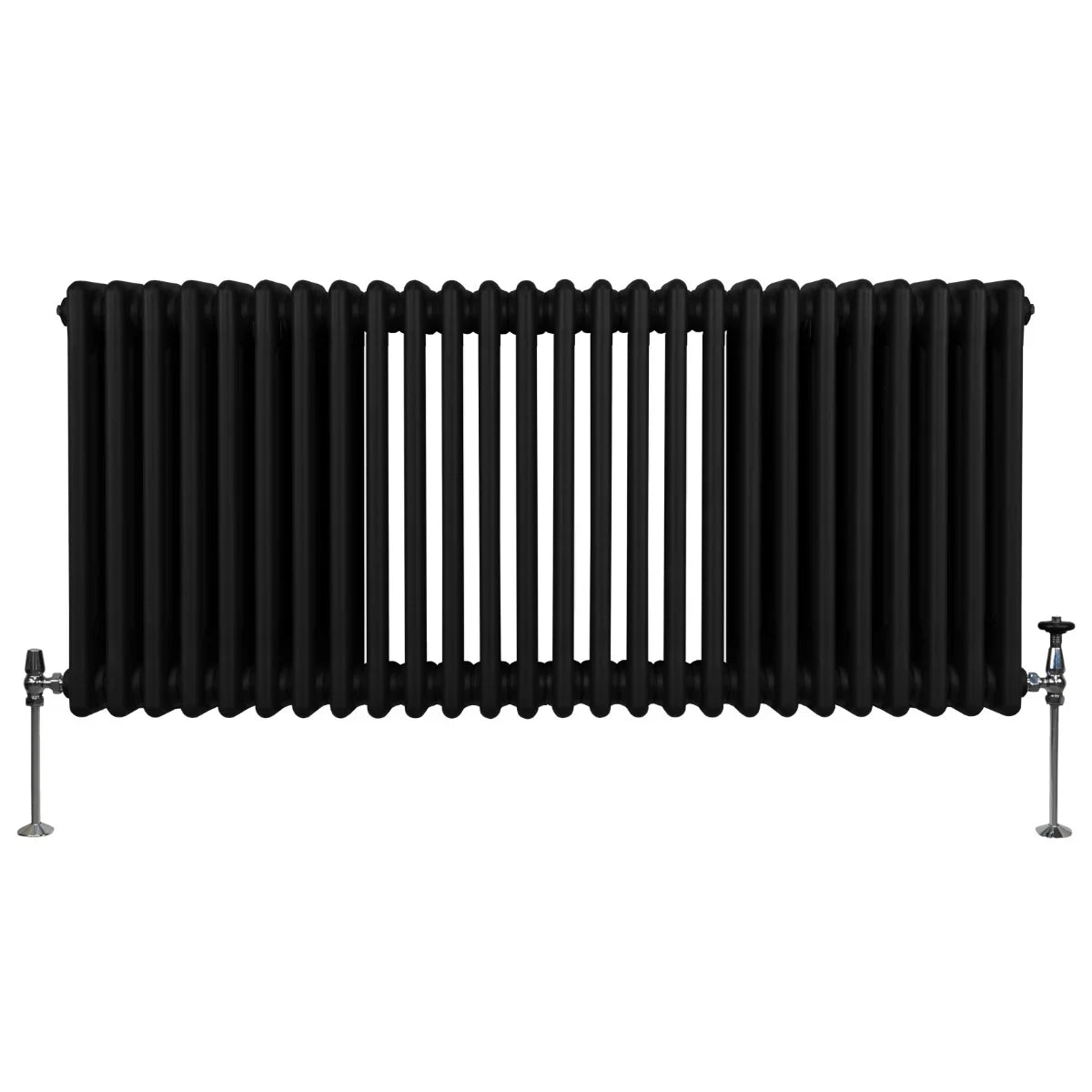 Traditional black 3 column radiator, 600 x 1192mm, featuring a sleek design with smooth, glossy finish and visible valves on each side