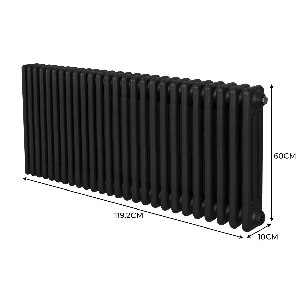 Traditional black 3 column radiator measuring 600mm high and 1192mm wide, featuring a sleek, smooth finish and classic design