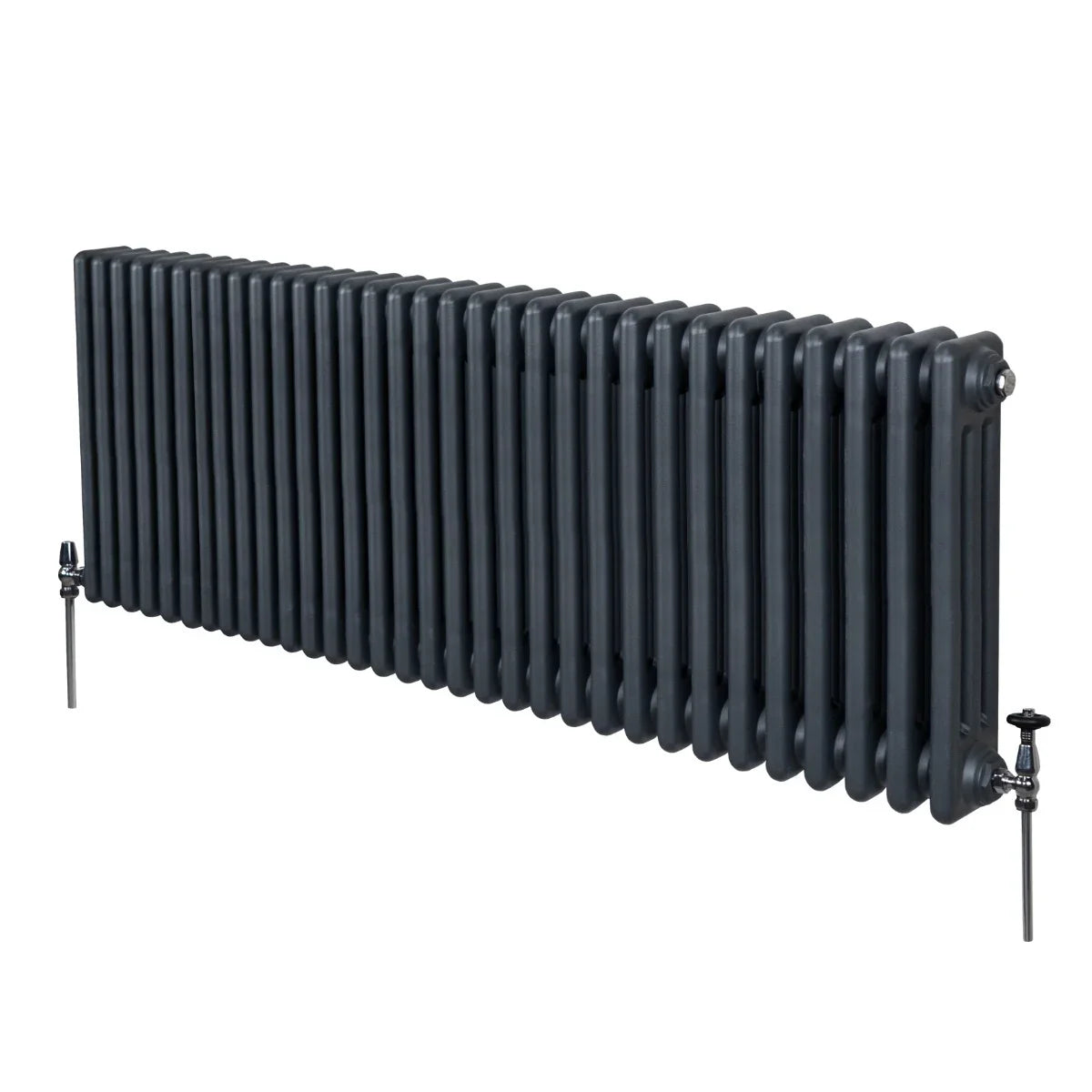 Traditional 3 column radiator in anthracite grey, featuring a sleek, elongated design with a smooth, matte finish and visible valves