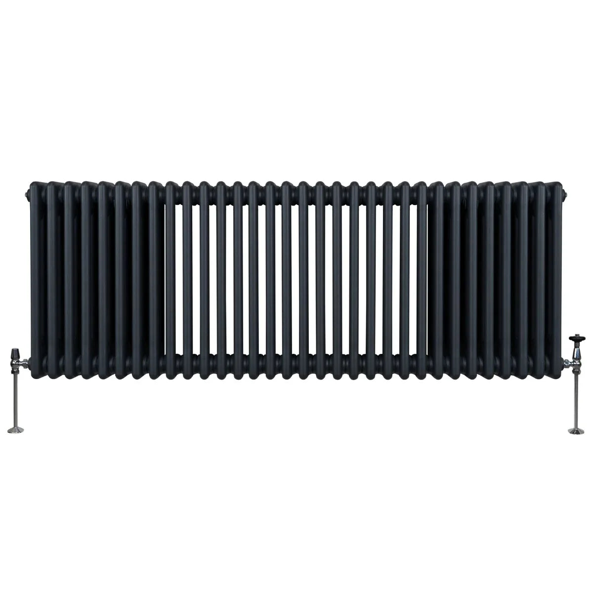 Traditional 3 column radiator in anthracite grey, featuring a sleek, ribbed design with polished chrome feet for stability