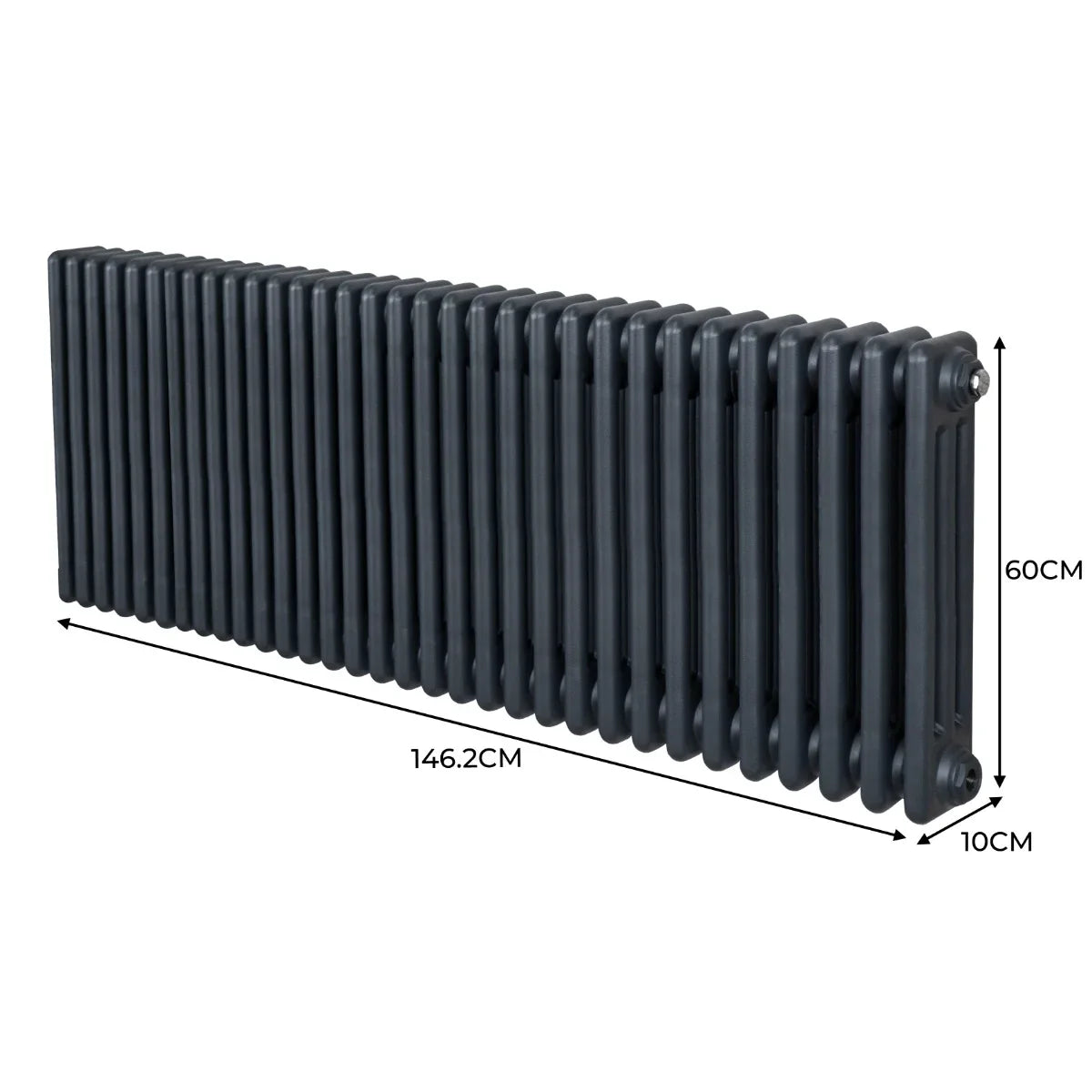 Traditional 3 column radiator in anthracite grey, measuring 600mm high and 1462mm wide, featuring a sleek, smooth finish and modern design