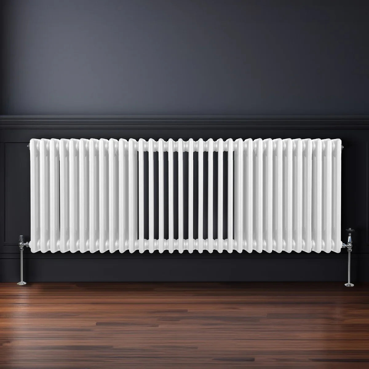 Traditional white 3 column radiator, 600 x 1462mm, featuring a sleek design with smooth, glossy finish against a dark wall