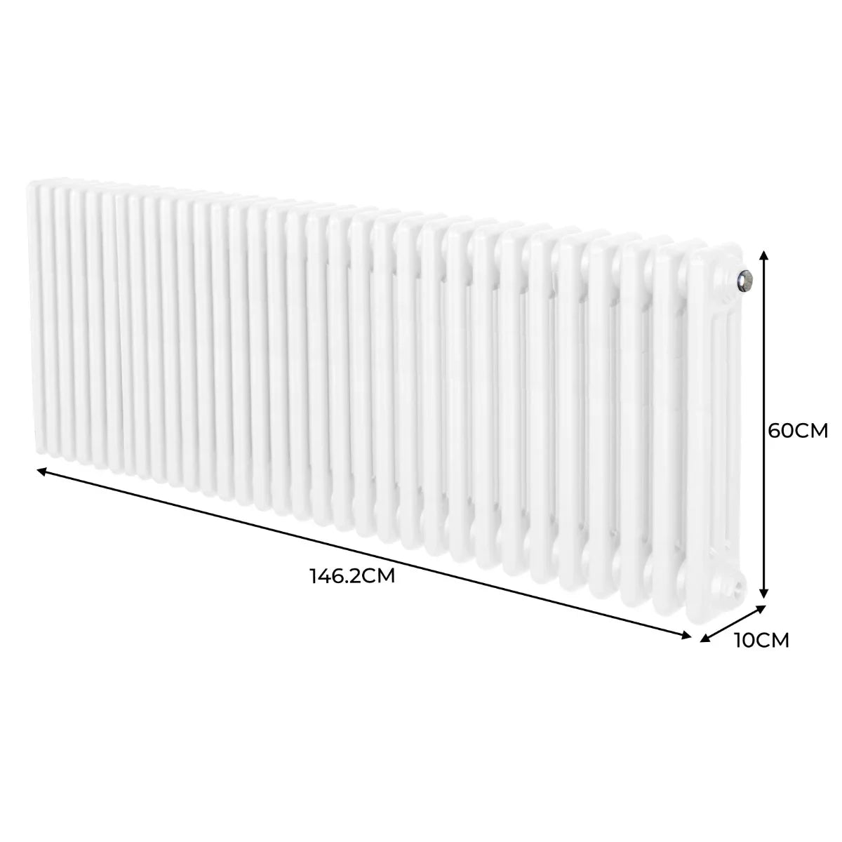 Traditional white 3 column radiator, 600mm high and 1462mm wide, featuring a smooth, glossy finish and elongated design for efficient heating