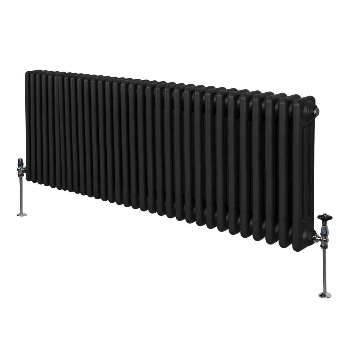 Traditional black 3 column radiator, 600 x 1462mm, featuring a sleek, smooth finish and sturdy chrome valves for efficient heating