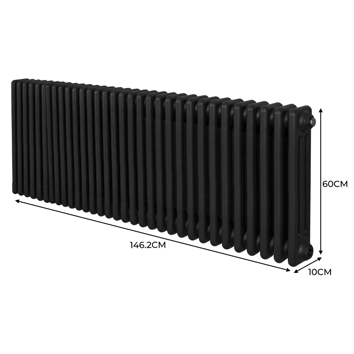 Traditional black 3 column radiator measuring 600mm high and 1462mm wide, featuring a sleek, smooth finish and classic design