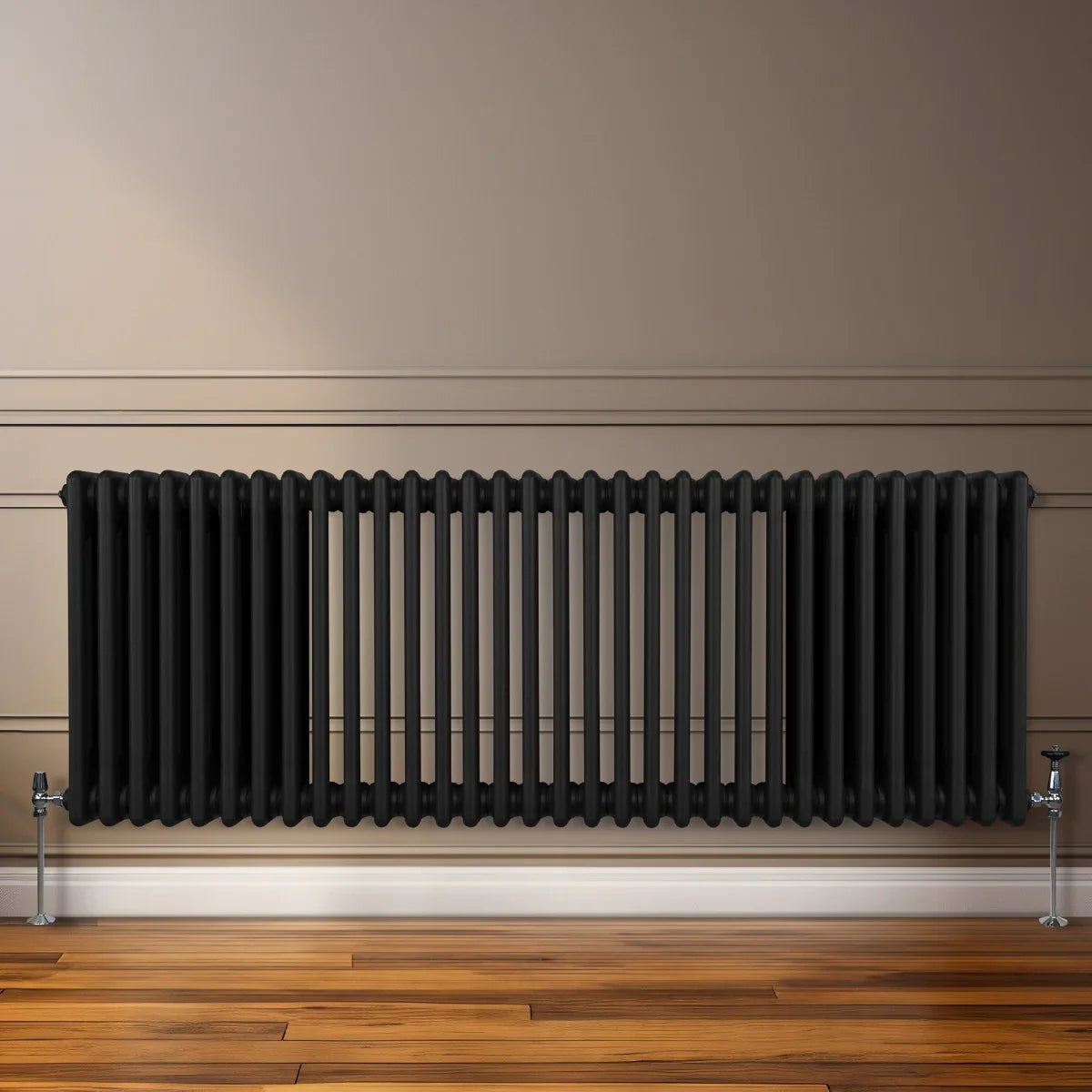Traditional black 3 column radiator, 600 x 1462mm, featuring a sleek, modern design with a textured finish against a neutral wall