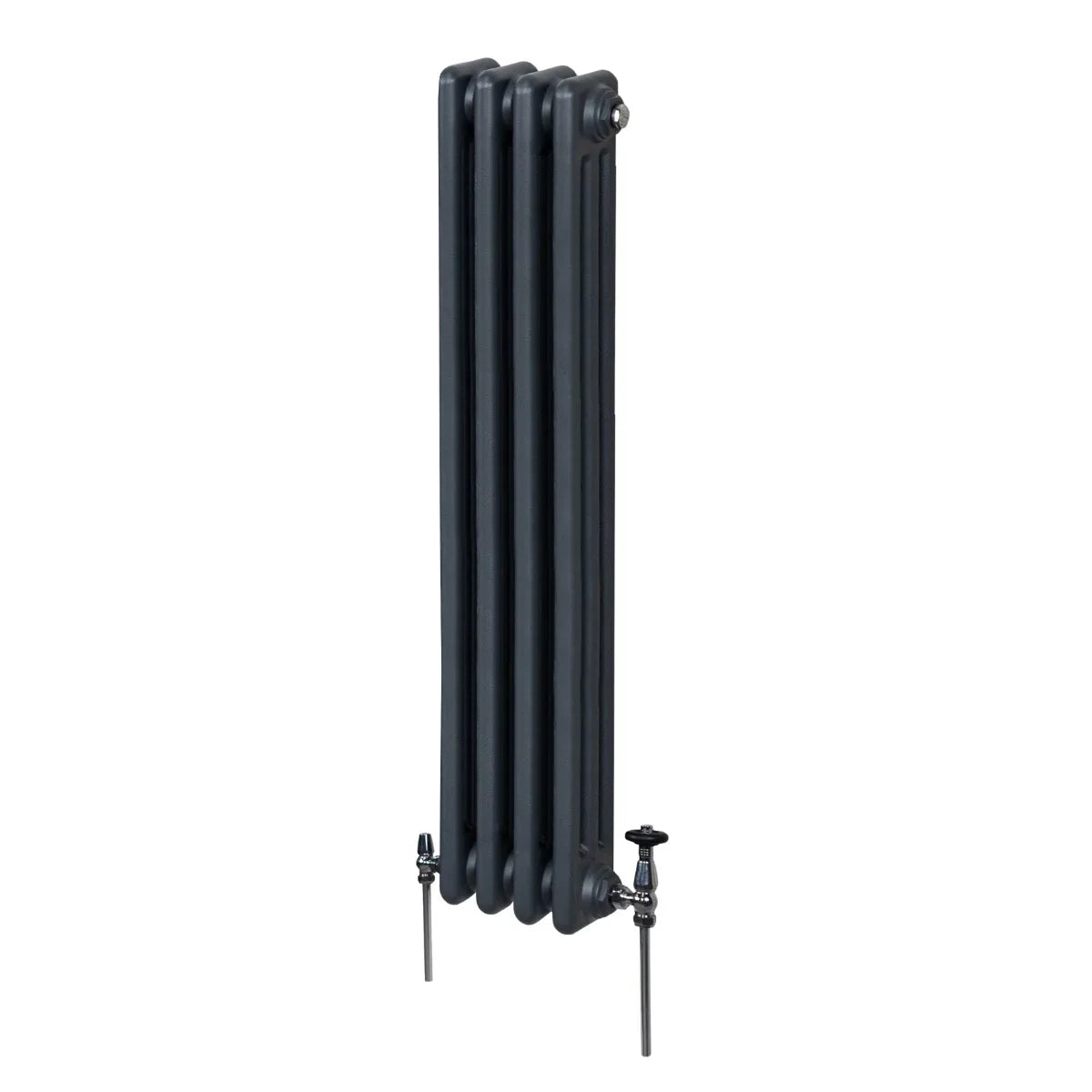 Traditional 3 column radiator in anthracite grey, featuring a sleek, tall design with a smooth finish and adjustable valves