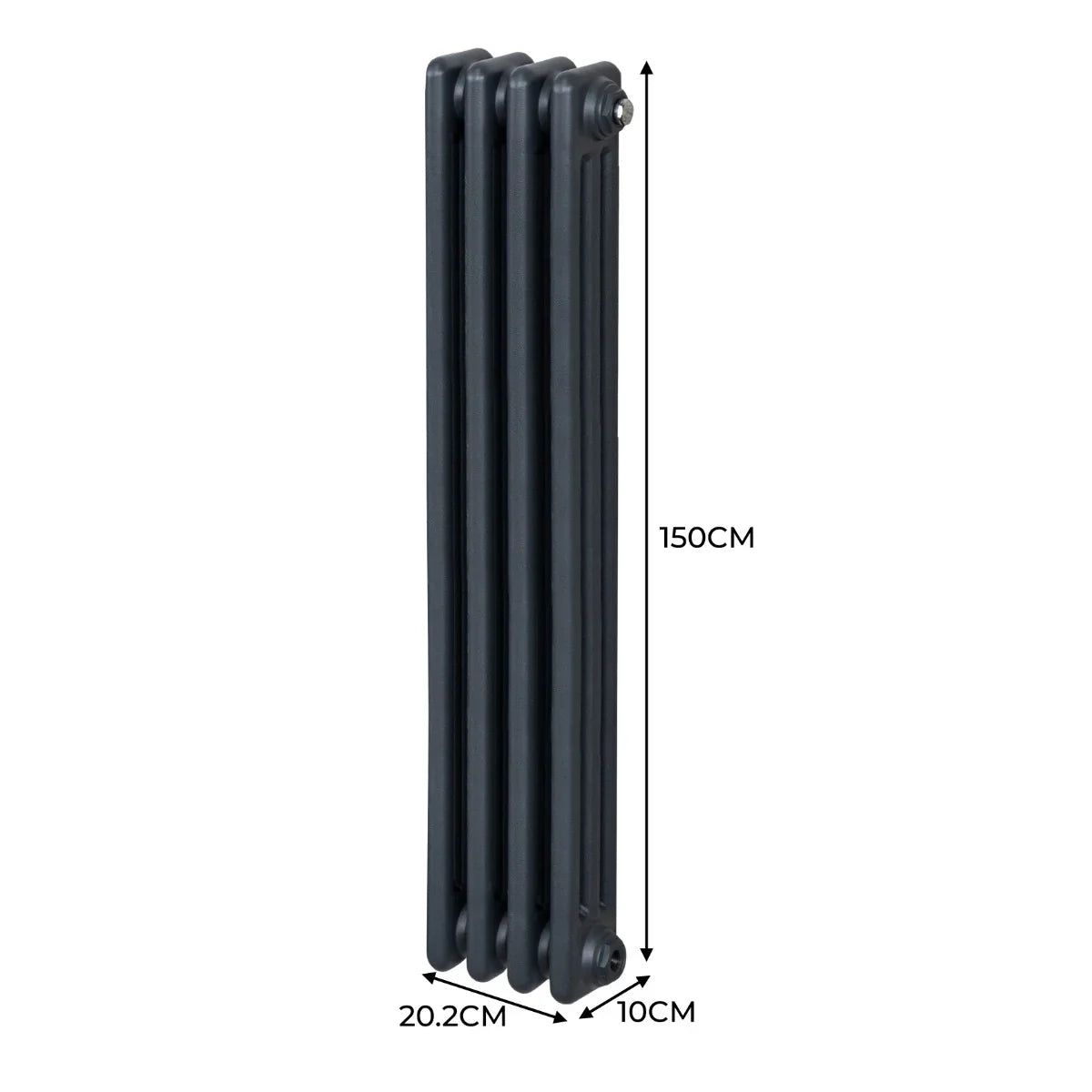 Traditional 3 column radiator in anthracite grey, measuring 1500 x 202mm, featuring a sleek, modern design with smooth, rounded edges