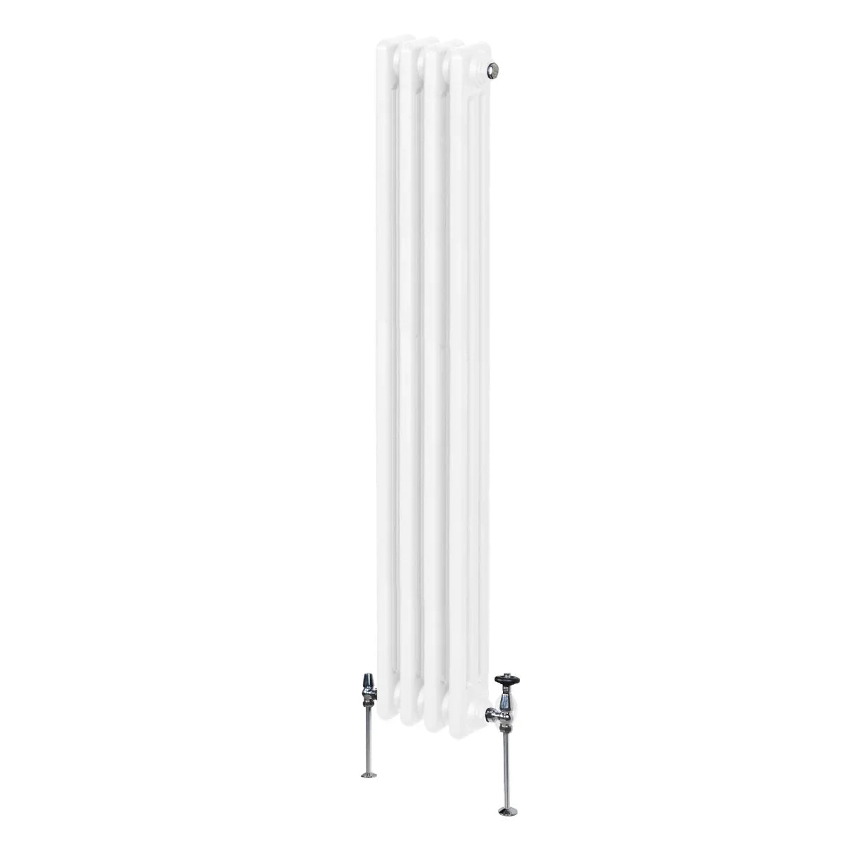 Traditional 3 column radiator in white, measuring 1500 x 202mm, featuring a smooth finish and sleek design with visible valves