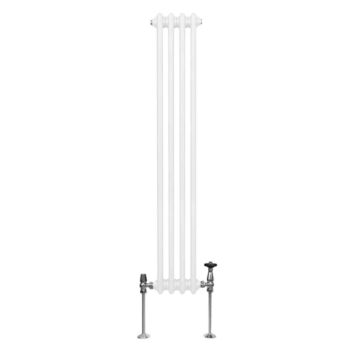 Traditional 3 column radiator in white, measuring 1500 x 202mm, featuring a sleek design with polished chrome valves and a smooth finish