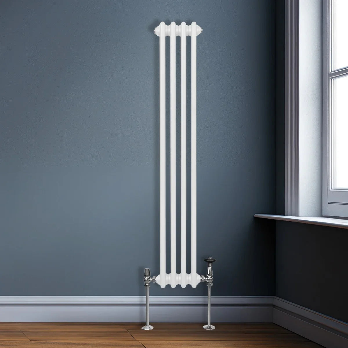 Traditional 3 column radiator in white, 1500 x 202mm, featuring a sleek design with smooth surfaces and elegant vertical lines against a dark wall