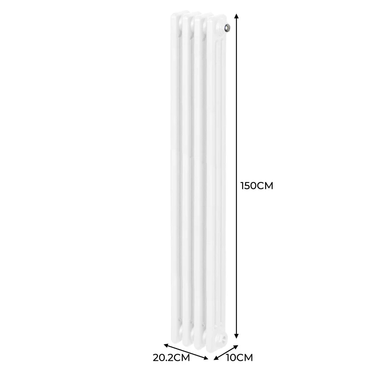 Traditional 3 column radiator in white, measuring 1500 x 202mm, featuring a sleek design and smooth, glossy finish