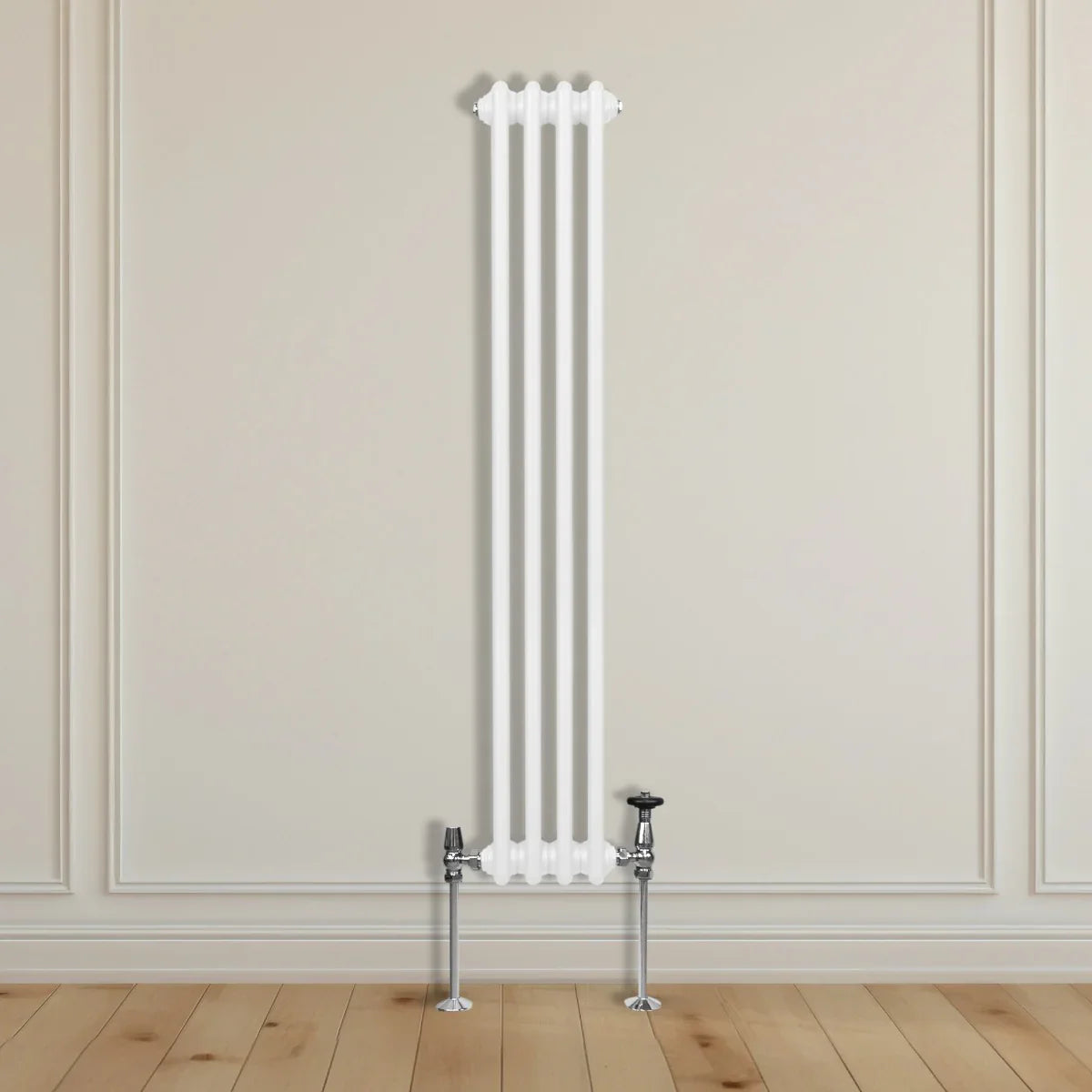 Traditional 3 column radiator in white, featuring a sleek vertical design with smooth, glossy finish and chrome valves, set against a neutral wall
