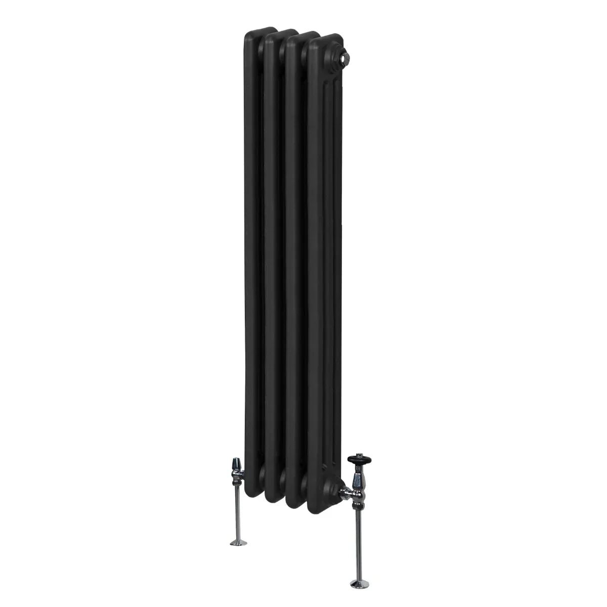 Traditional black 3 column radiator, 1500 x 202mm, featuring a sleek, smooth finish and sturdy metal construction with adjustable valves