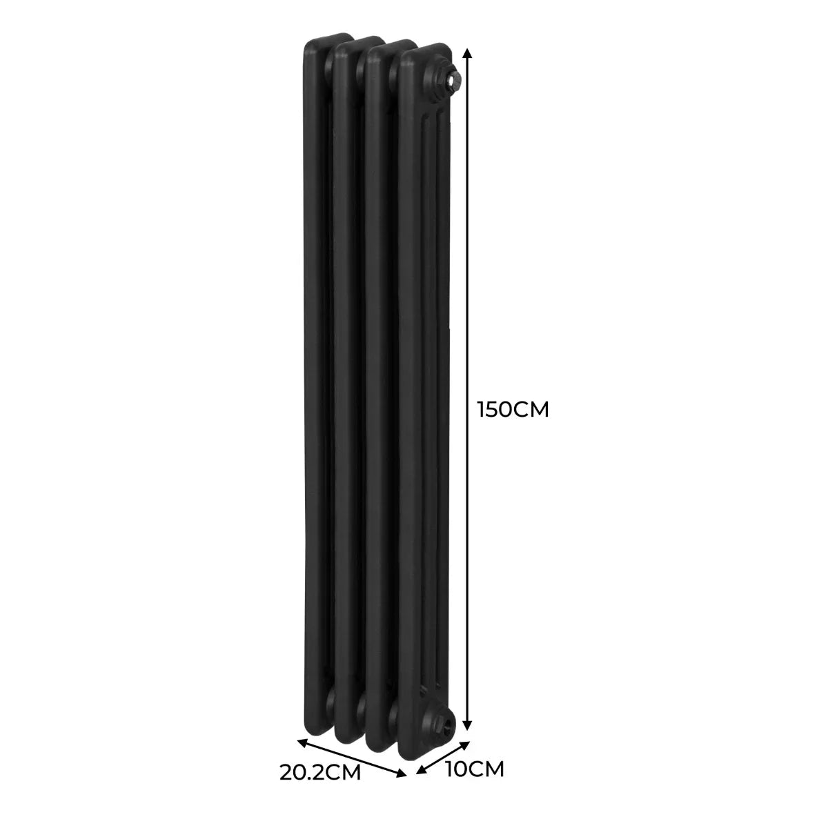 Traditional black 3 column radiator, 1500 x 202mm, featuring a sleek design with smooth, rounded edges and a matte finish