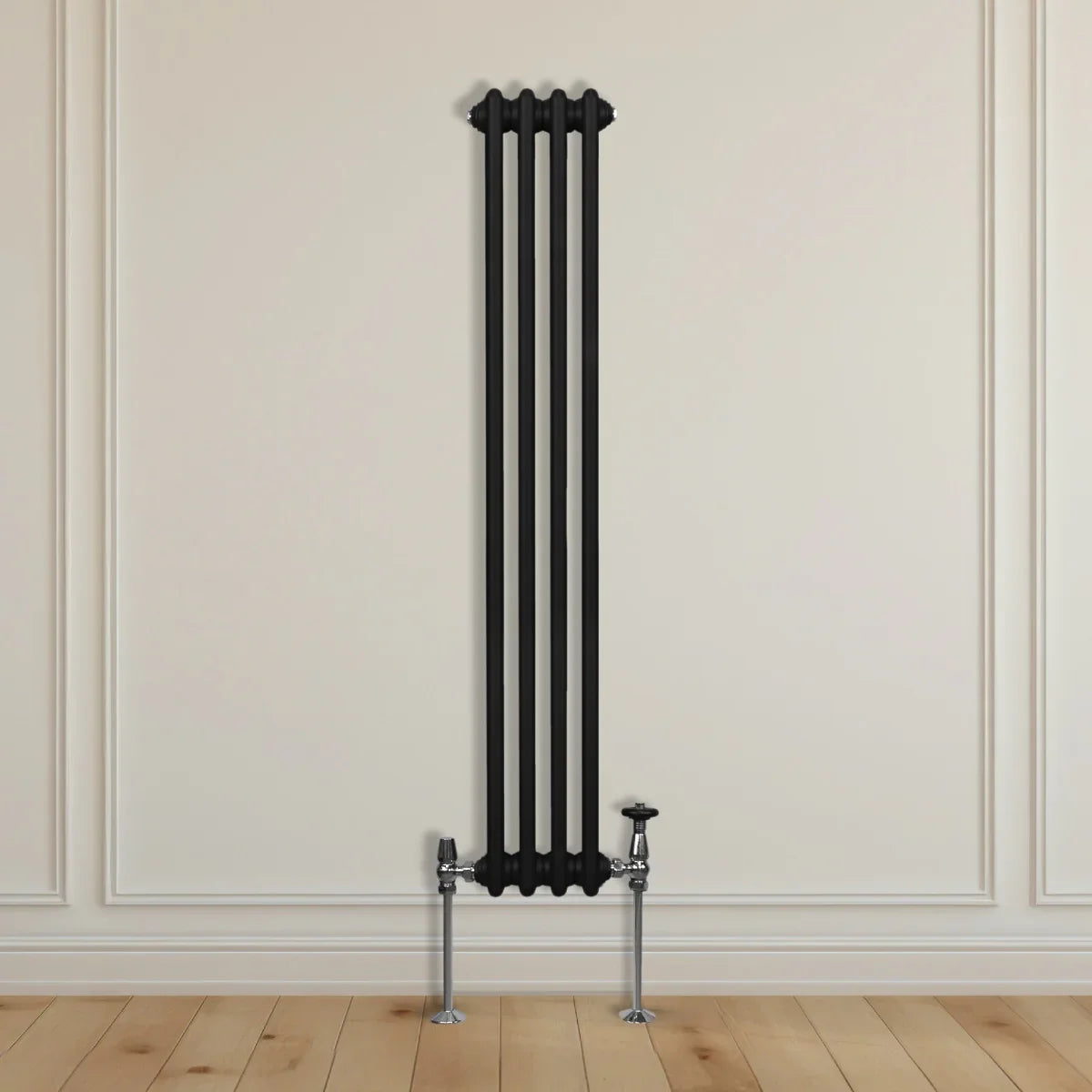 Traditional black 3 column radiator, 1500 x 202mm, featuring a sleek design with chrome valves, mounted on a light wooden floor