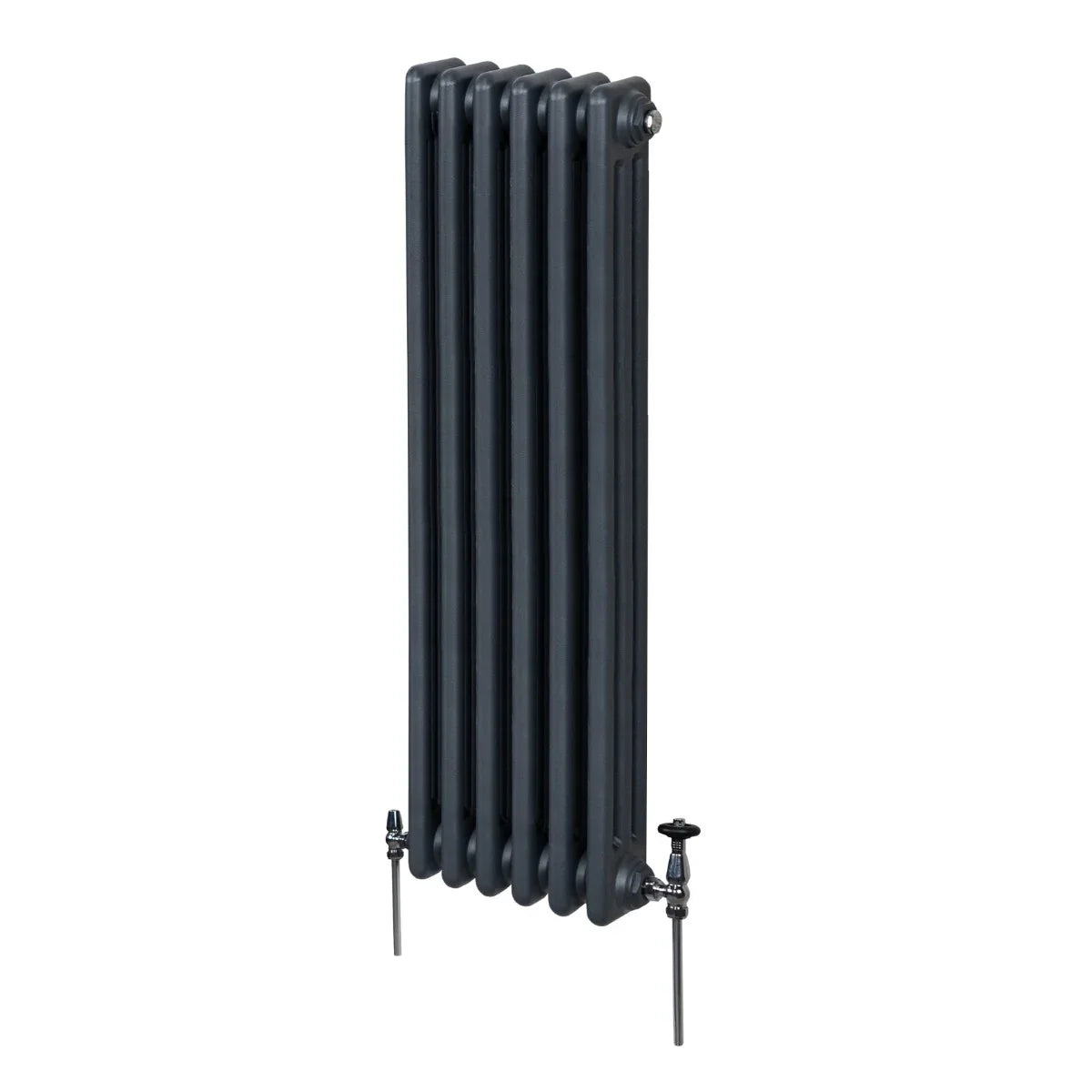 Traditional 3 column radiator in anthracite grey, featuring a sleek vertical design with smooth, rounded edges and two valves at the base