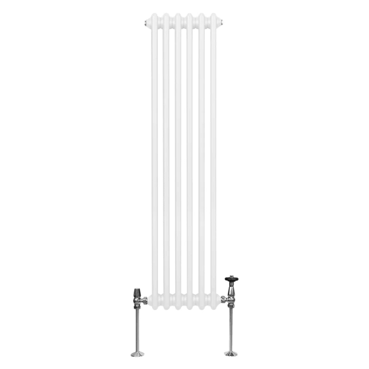 Traditional 3 column radiator in white, 1500 x 292mm, featuring a sleek vertical design and polished metal valves for modern heating solutions
