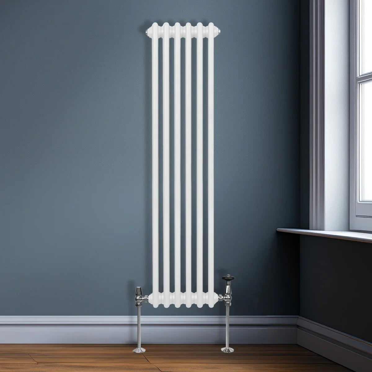 Traditional white 3 column radiator, 1500 x 292mm, featuring a sleek design with smooth, glossy finish and elegant vertical lines
