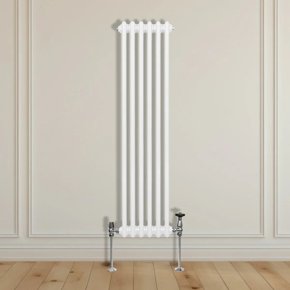 Traditional 3 column radiator in sleek white finish, measuring 1500 x 292mm, mounted on a light wooden floor against a neutral wall