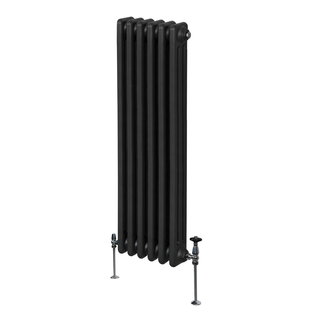 Traditional black 3 column radiator, 1500 x 292mm, featuring a sleek design with smooth, glossy finish and sturdy legs