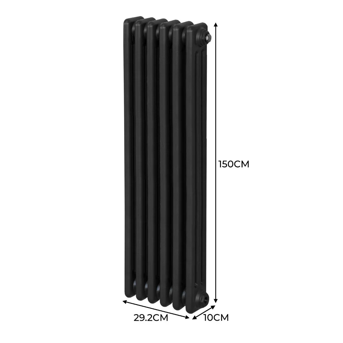Traditional black 3 column radiator, 1500 x 292mm, featuring a sleek design with smooth, rounded edges and a matte finish