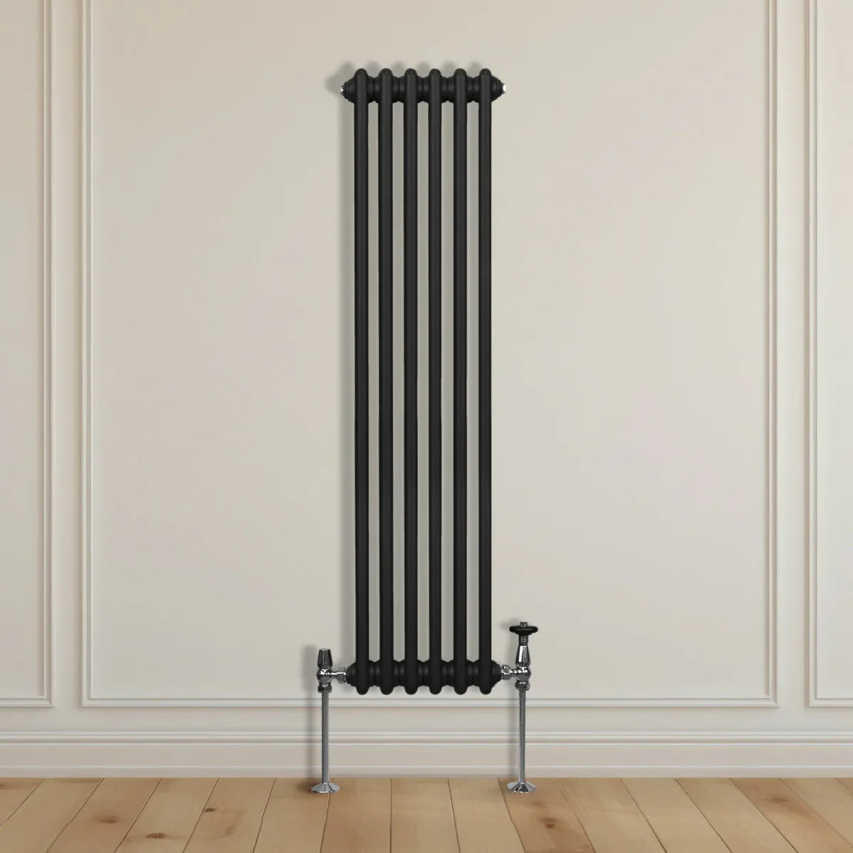 Traditional black 3 column radiator, 1500 x 292mm, featuring a sleek design with vertical lines and polished metal valves against a light wall