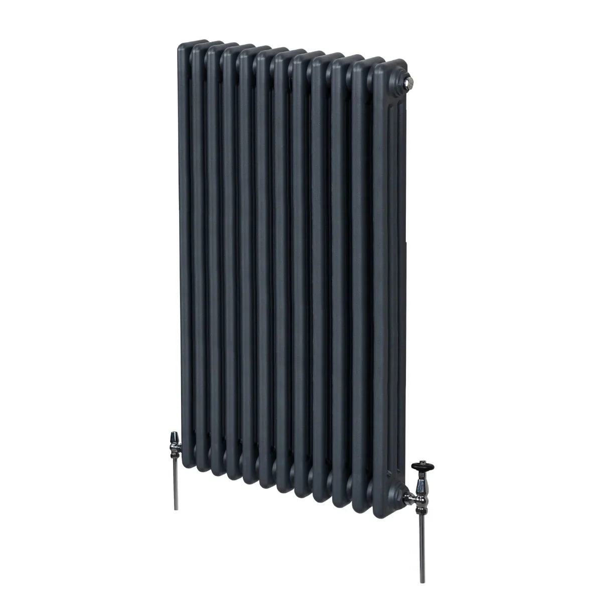 Traditional anthracite grey 3 column radiator, 1500 x 562mm, featuring a sleek design and smooth, textured finish with visible valves