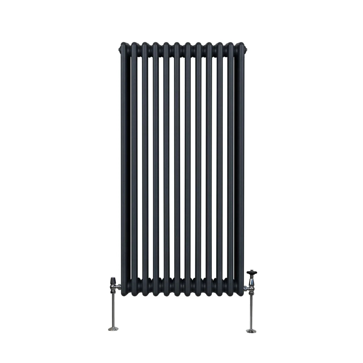 Traditional 3 column radiator in anthracite grey, featuring a sleek vertical design with smooth, rounded edges and sturdy metal feet
