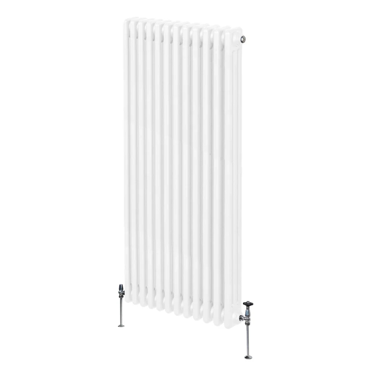 Traditional 3 column radiator in white, measuring 1500 x 562mm, featuring a sleek design with smooth, rounded edges and sturdy feet