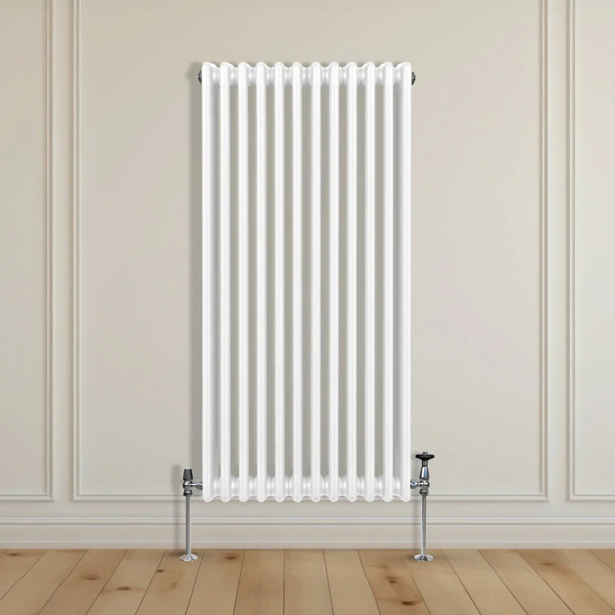Traditional white 3 column radiator, 1500 x 562mm, featuring a sleek vertical design and polished chrome valves against a neutral wall