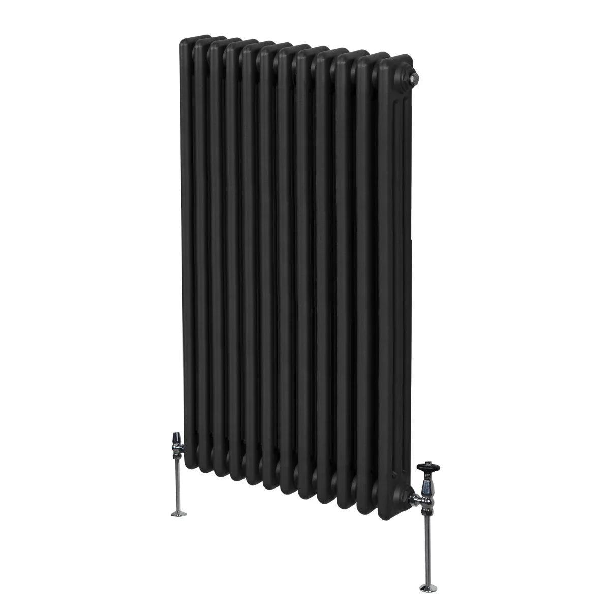 Traditional black 3 column radiator, 1500 x 562mm, featuring a sleek design with a smooth finish and adjustable valves at the base