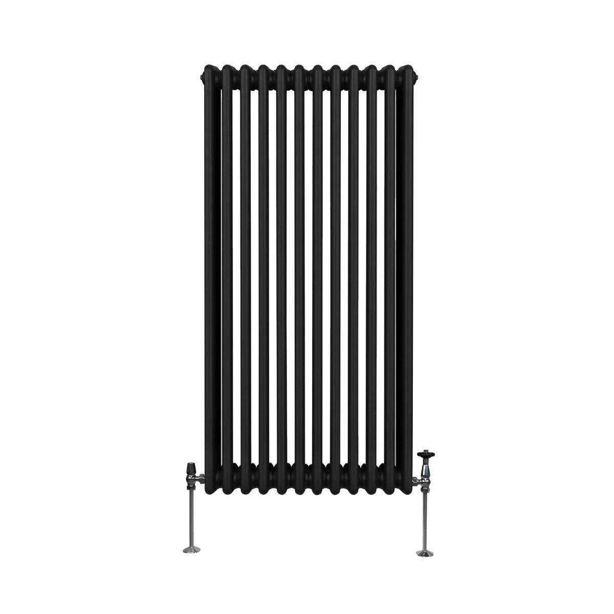 Traditional black 3 column radiator, 1500 x 562mm, featuring a sleek, vertical design with smooth, rounded edges and sturdy feet