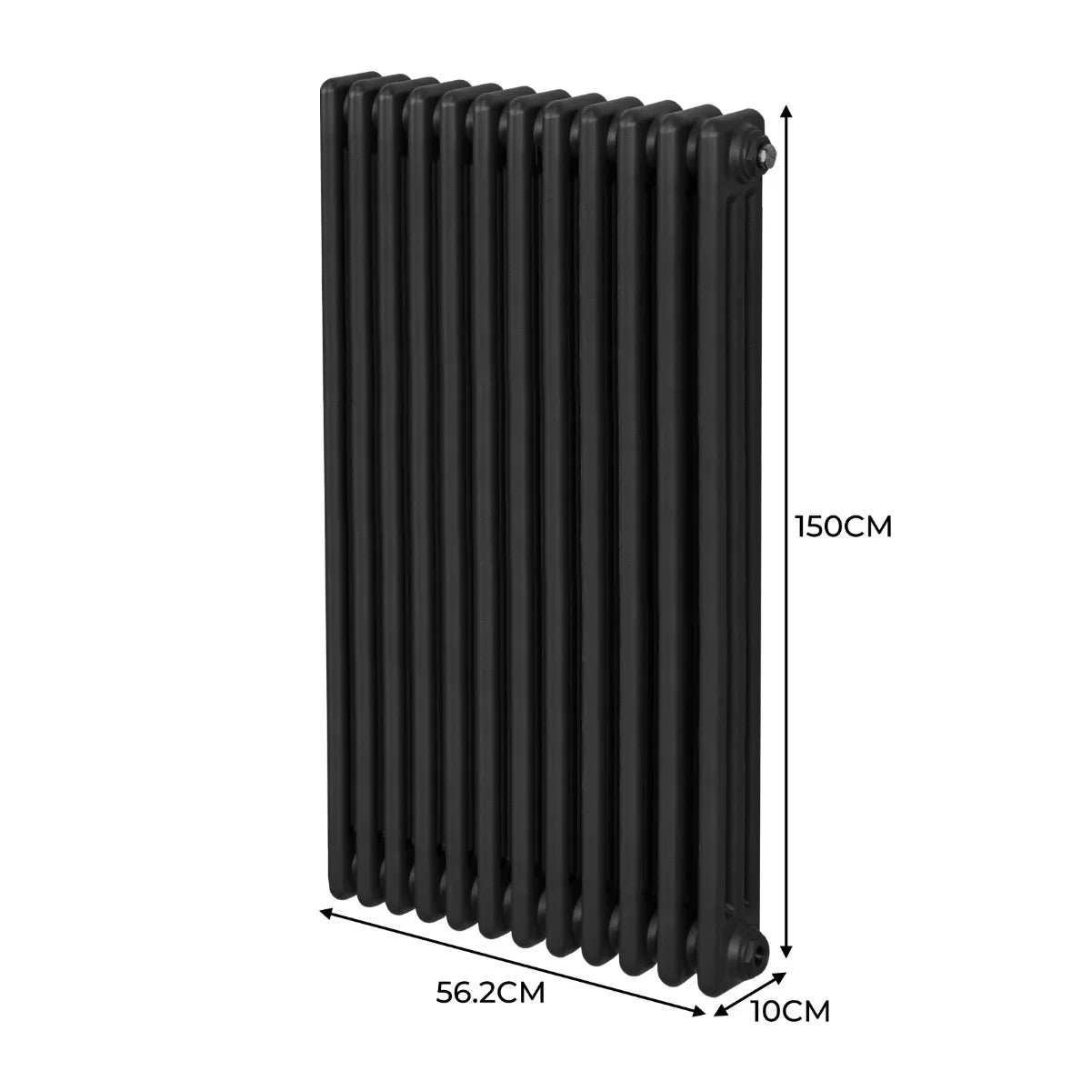 Traditional black 3 column radiator measuring 1500 x 562mm, featuring a sleek, smooth finish and vertical design for efficient heating