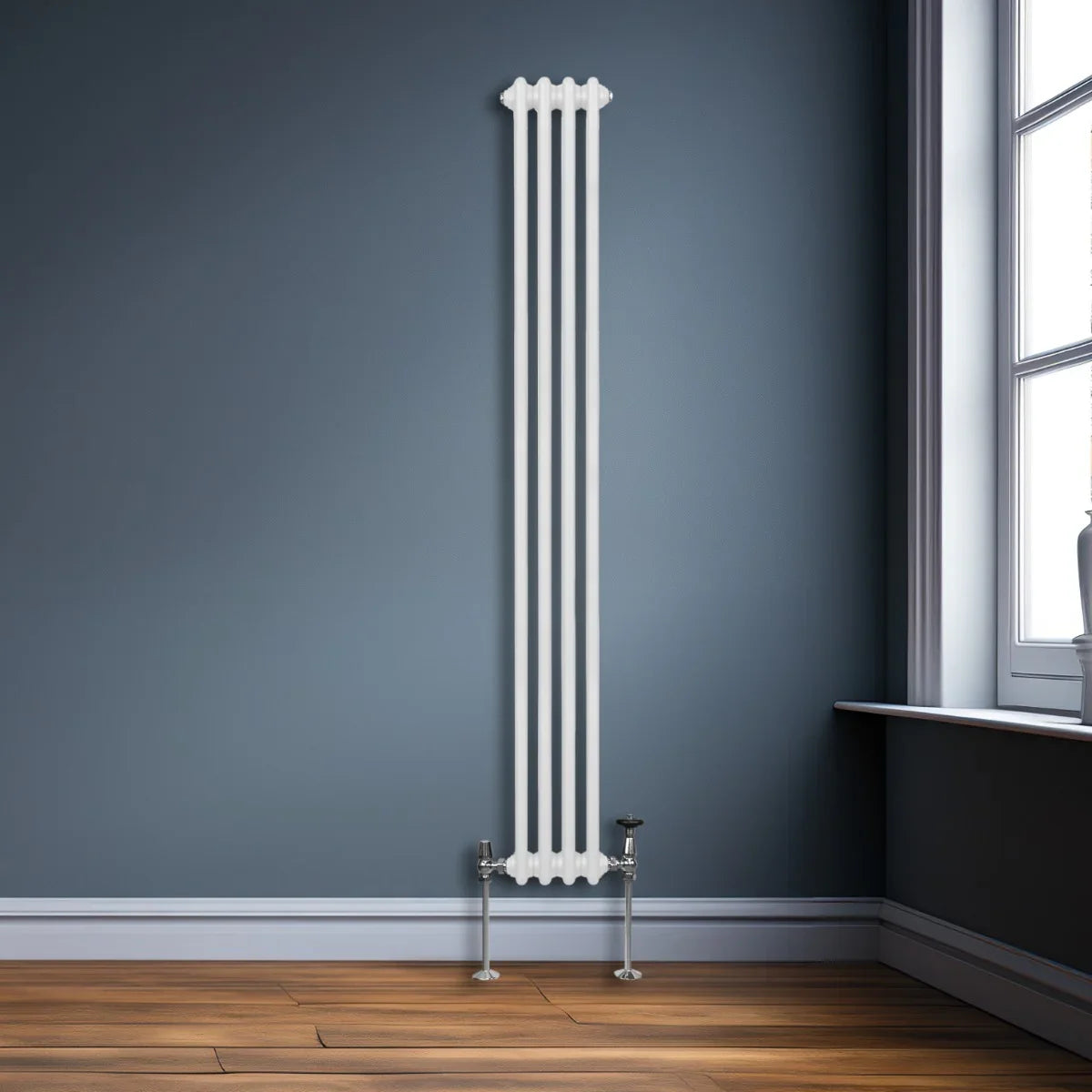 Traditional white 3 column radiator, 1800 x 202mm, featuring a sleek design with smooth lines, mounted against a dark blue wall