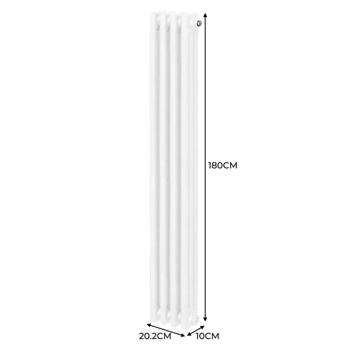 Traditional 3 column radiator in white, measuring 1800 x 202mm, showcasing a sleek, vertical design with smooth, glossy finish