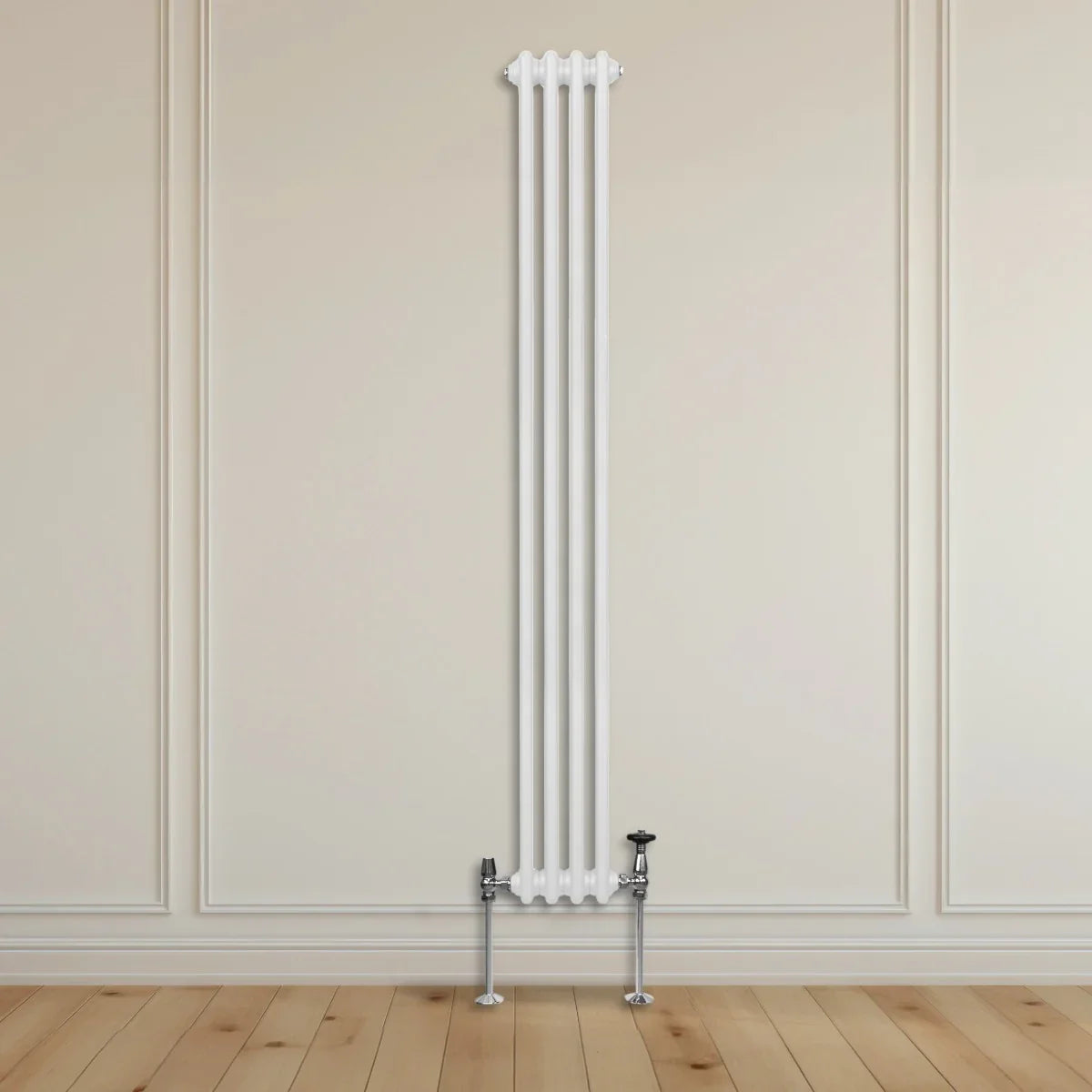 Traditional white 3 column radiator, 1800 x 202mm, featuring a sleek design and chrome valves, mounted on a wooden floor against a wall