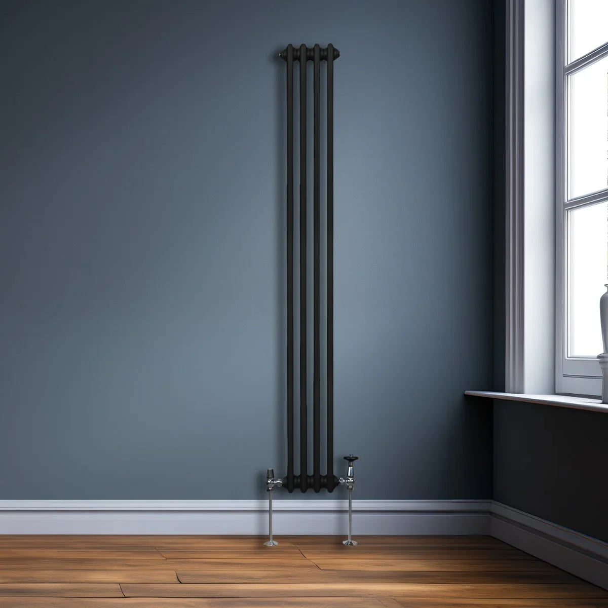 Traditional black 3 column radiator, 1800 x 202mm, featuring a sleek design with smooth finish, mounted on a stylish wall