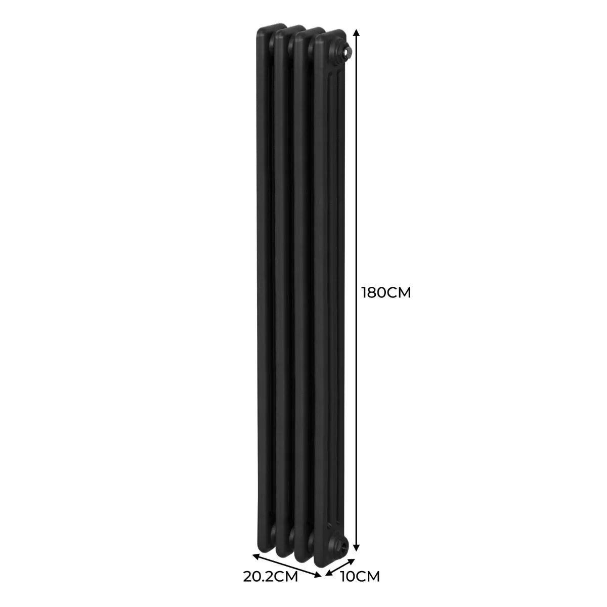 Traditional black 3 column radiator measuring 1800 x 202mm, featuring a sleek, vertical design with smooth, matte finish