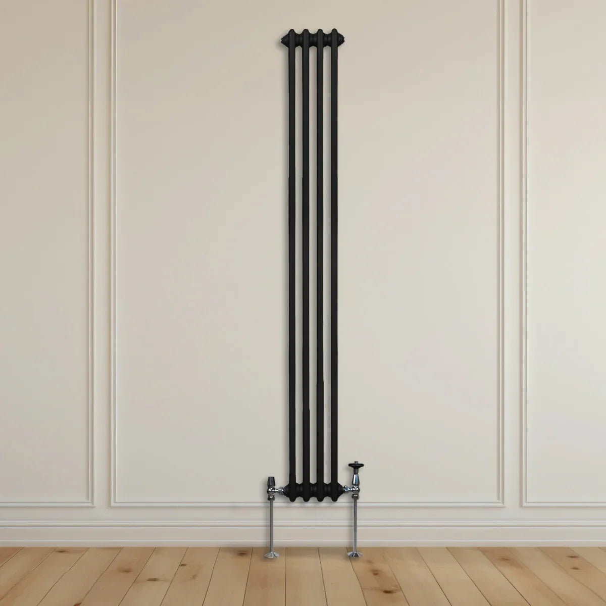 Traditional black 3 column radiator, 1800 x 202mm, featuring a sleek design with smooth lines and a modern finish, mounted on a wall