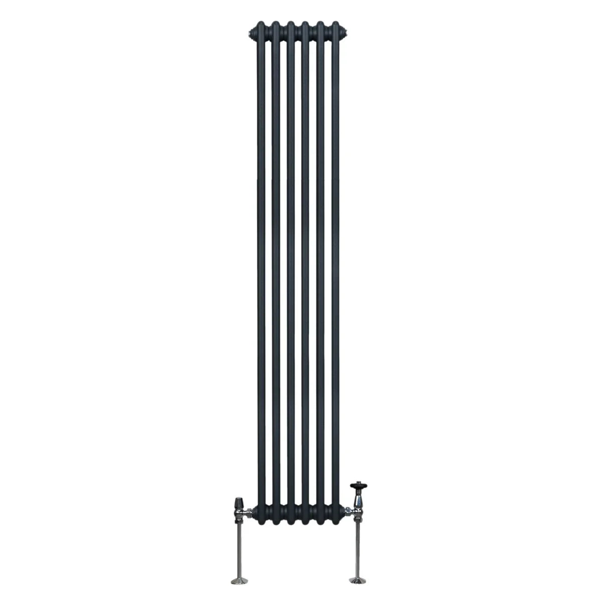 Traditional 3 column radiator in anthracite grey, featuring a tall, slim design with a smooth, matte finish and sturdy feet