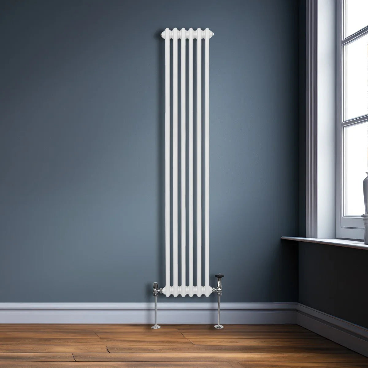 Traditional 3 column radiator in white, 1800 x 292mm, featuring a sleek vertical design against a dark blue wall and wooden floor